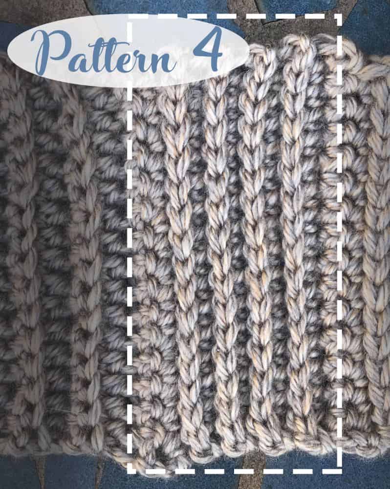 close up of single crochet ribbing and slip stitch crochet ribbing with text that says pattern #4