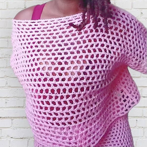 bright pink crochet mesh top crochet pattern on woman with white background
