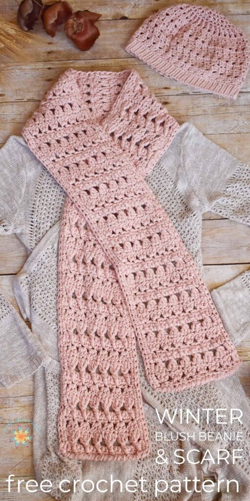 winter blush crochet beanie and scarf pattern on wood floor