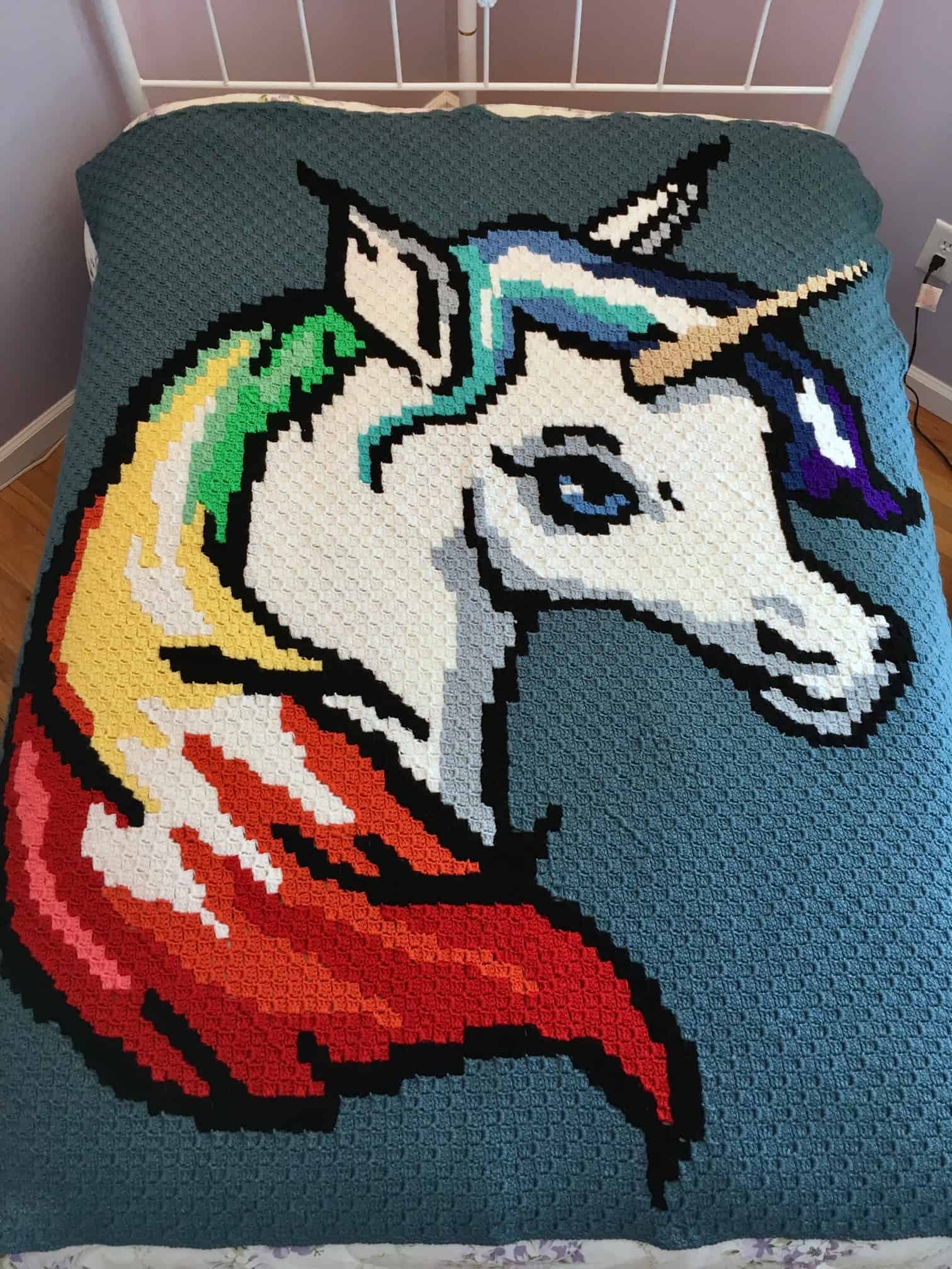 Rainbow Unicorn C2C Finished Blanket with Blue Background