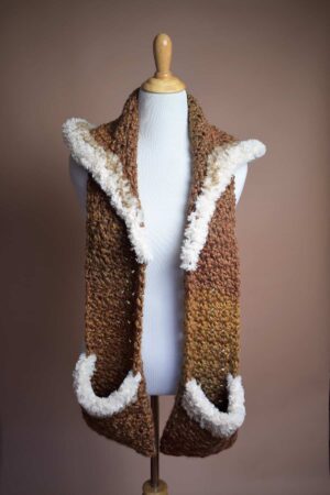 Crochet Hooded Pocket Scarf in Brown with White Trim