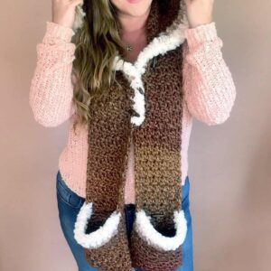 kunik-scoodie Crochet Hooded Pocket Scarf in Brown with White Trim