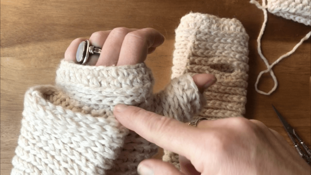 showing where to attach the mitten top in the easy crochet mittens pattern for beginners