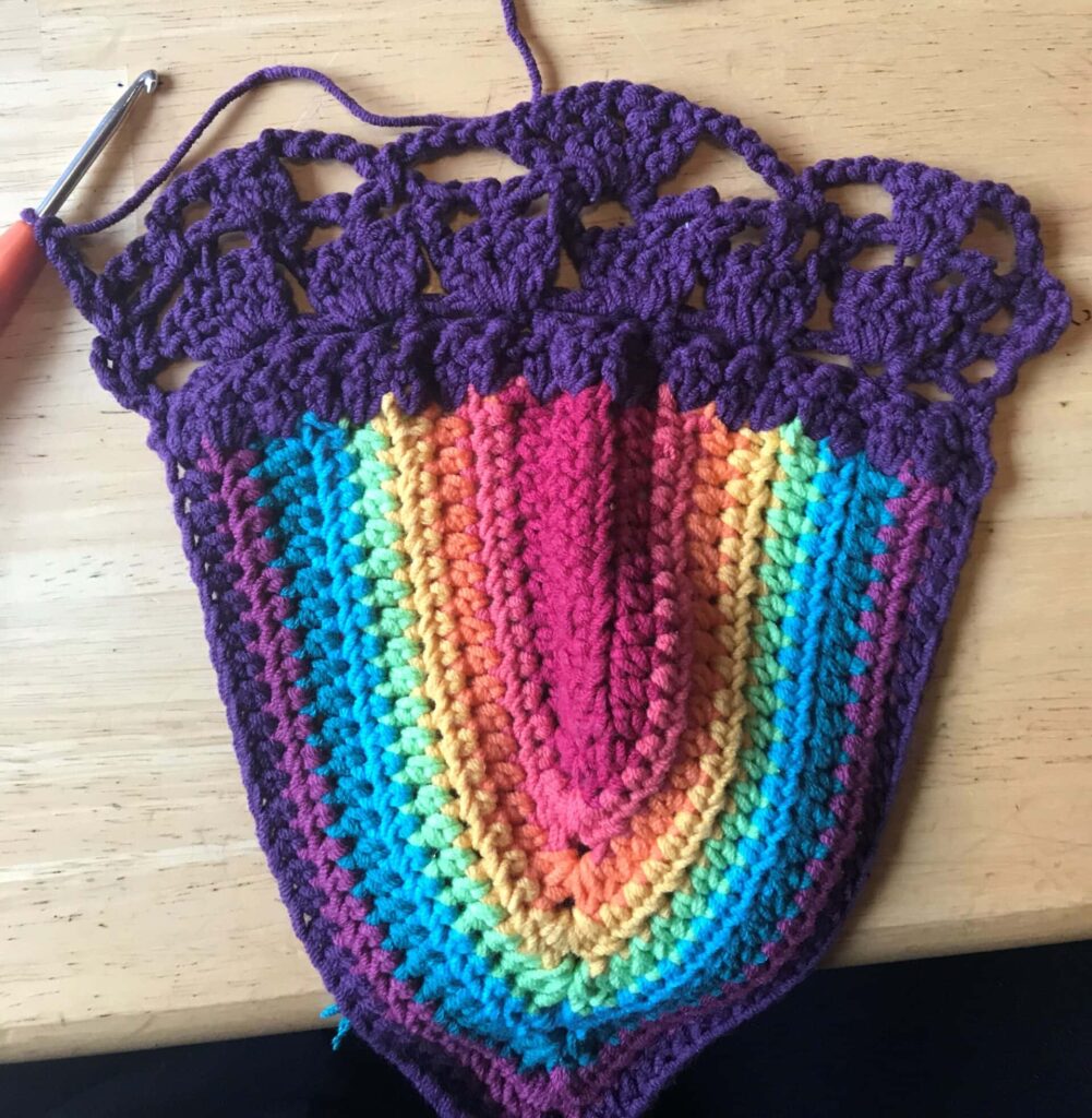 Rainbow Bikini Close up of finished row 5 with treble crochet