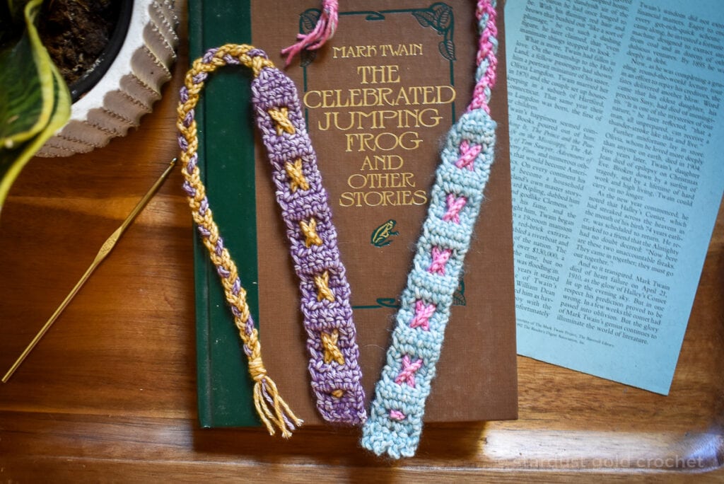 x marks the spot crochet bookmarks on mark twain book