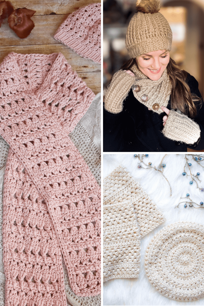 Collage of 3 crochet patterns by stardust gold crochet winter sets bundle