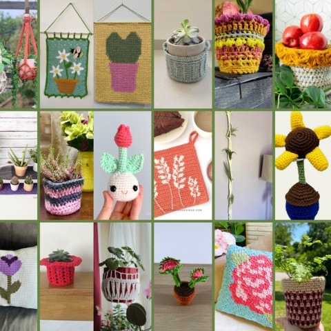 collage of crochet plants with yarn