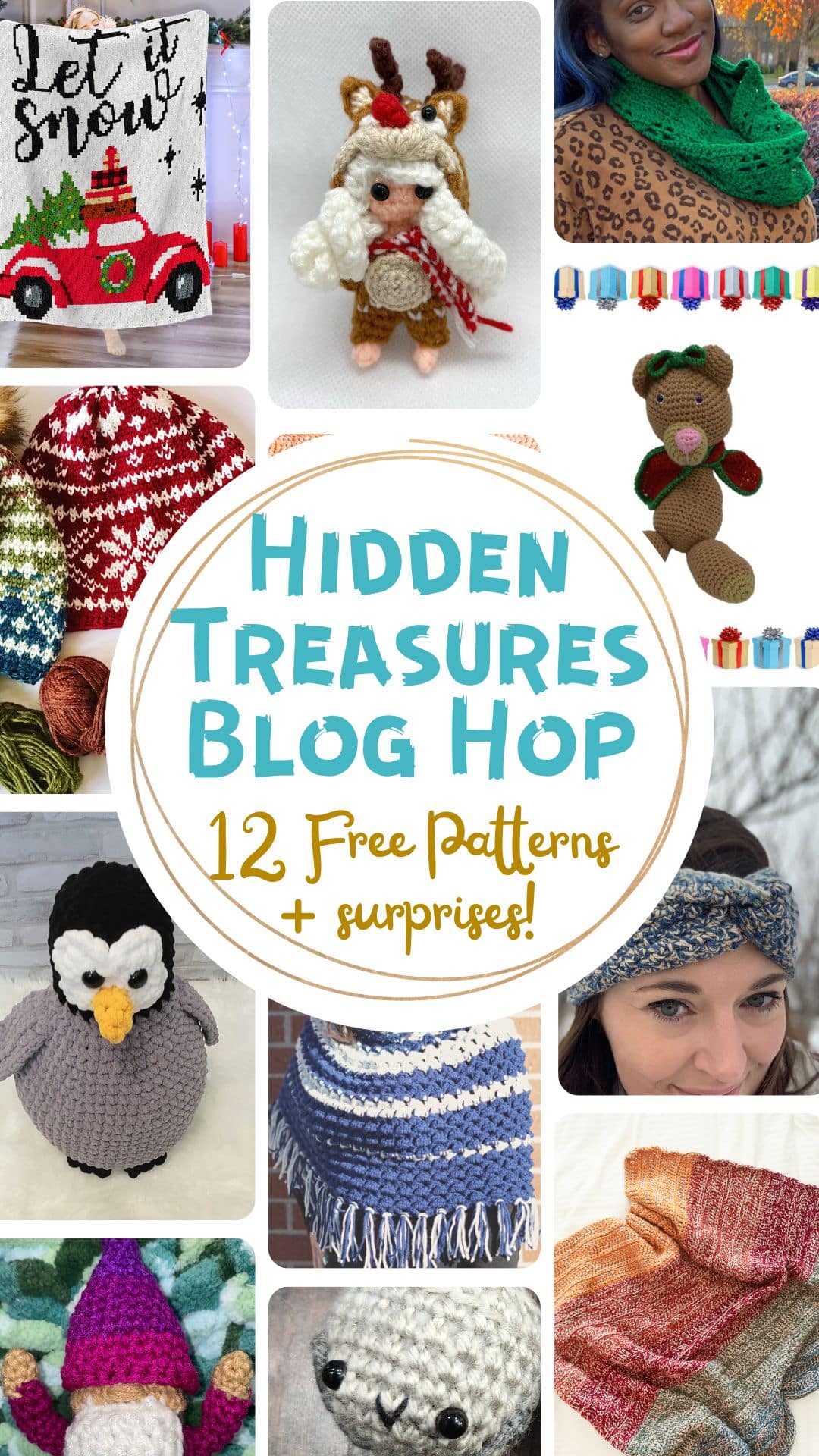 12 Free Holiday Crochet Patterns in a collage with scarves, amigurumi, blanket patterns, fair isle crochet beanie, headbands, and gnomes