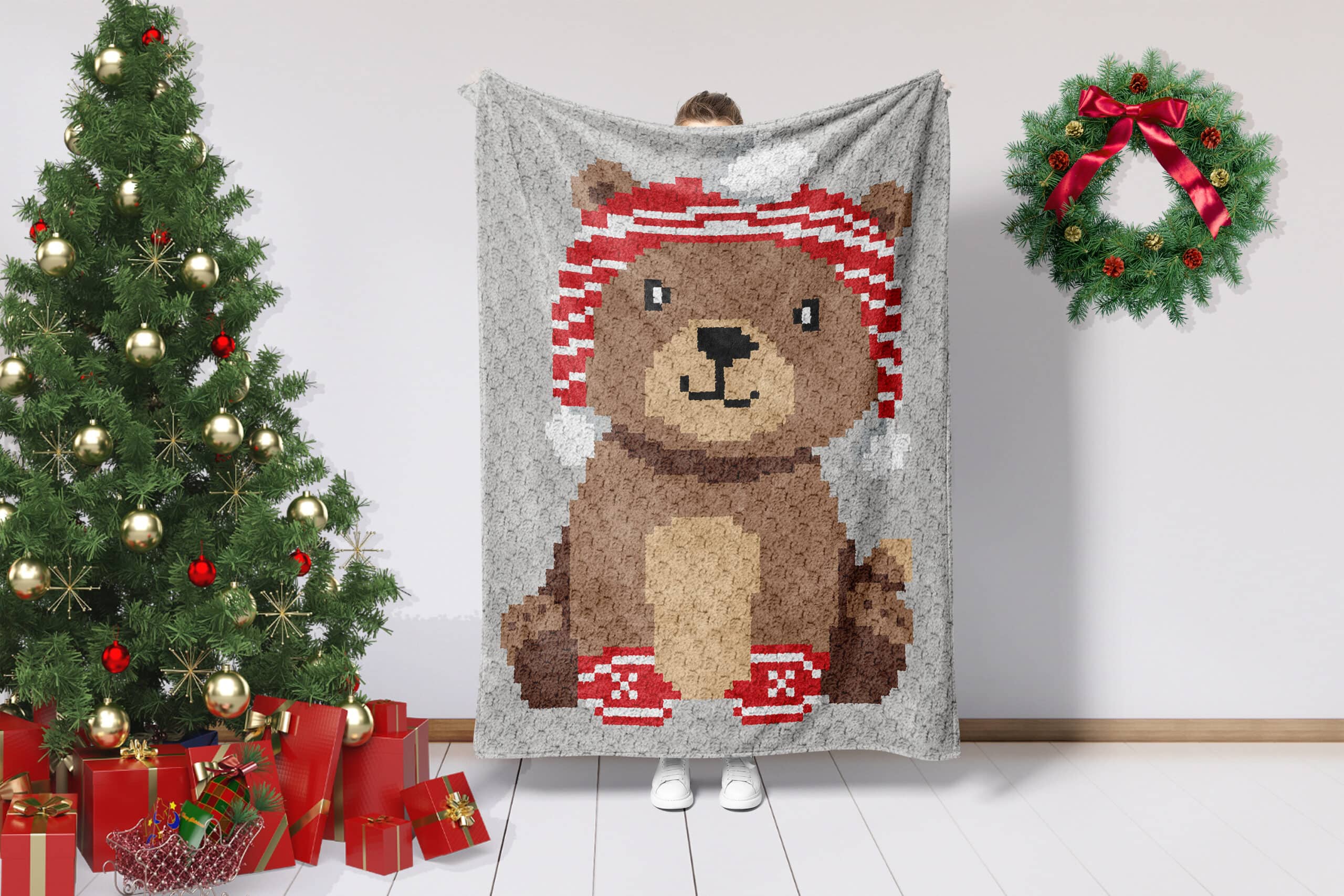 Winter Woodland Bear C2C Crochet Pattern with tree