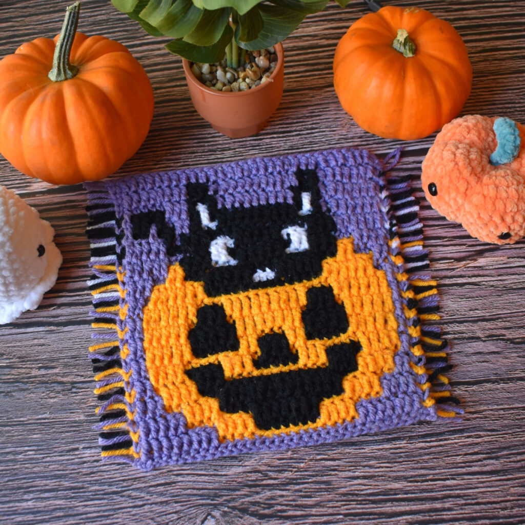 Mosaic Crochet Halloween Kitty in a Pumpkin Free Pattern